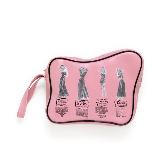 Pink cosmetic bag with vintage ladies advertisements